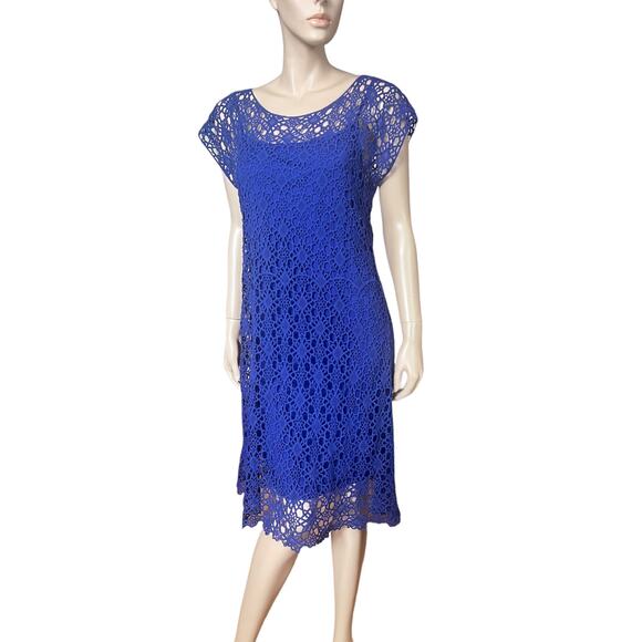New Ralph Lauren XL Crochet Blue Midi Dress 100% Cotton Lined Short Sleeves